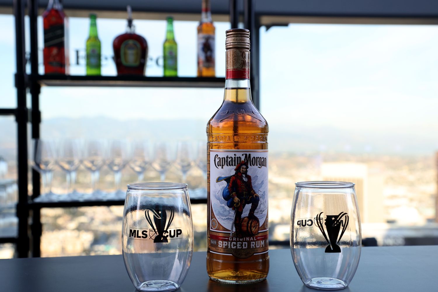 Nov 4, 2022; Los Angeles, California, US; A bottle of the Captain Morgan on the bar at the MLS Cup Championship-Partner Happy Hour at the InterContinental Los Angeles Downtown. Mandatory Credit: Kiyoshi Mio-USA TODAY Sports
